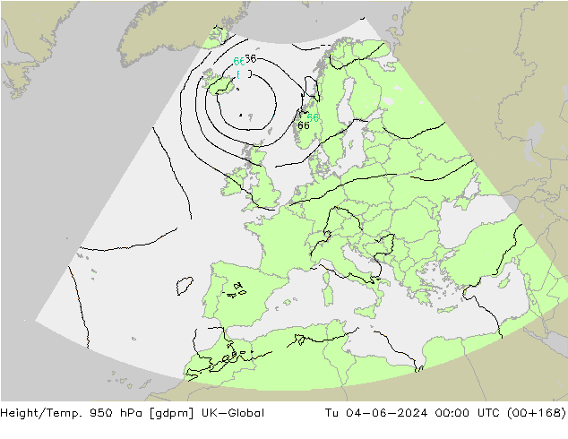 Height/Temp. 950 hPa UK-Global Tu 04.06.2024 00 UTC