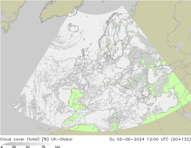 Cloud cover (total) UK-Global Su 02.06.2024 12 UTC