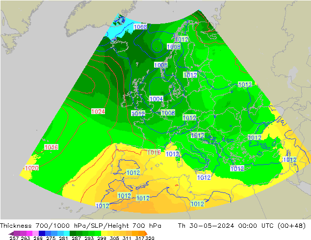 Schichtdicke 700-1000 hPa UK-Global Do 30.05.2024 00 UTC