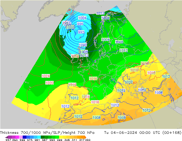 Thck 700-1000 hPa UK-Global Ter 04.06.2024 00 UTC