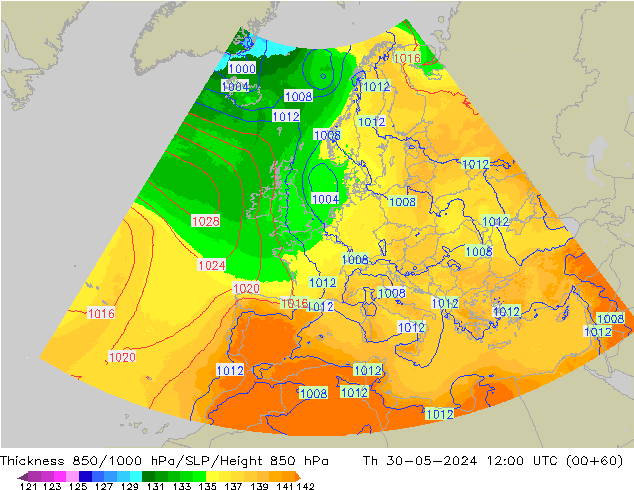 Espesor 850-1000 hPa UK-Global jue 30.05.2024 12 UTC