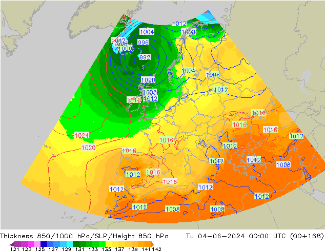 Thck 850-1000 hPa UK-Global Tu 04.06.2024 00 UTC