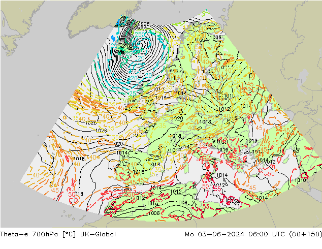 Theta-e 700hPa UK-Global Mo 03.06.2024 06 UTC