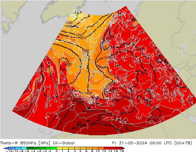 Theta-W 850hPa UK-Global Pá 31.05.2024 06 UTC