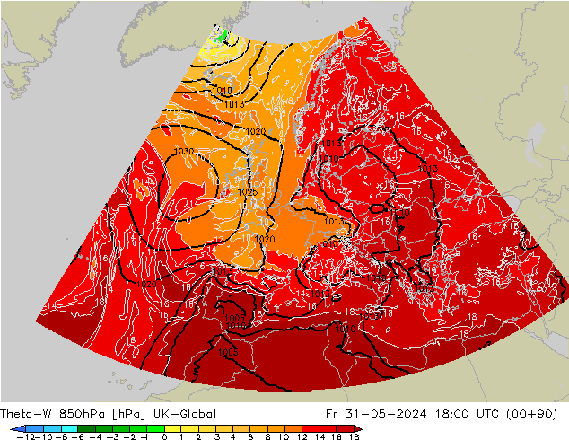 Theta-W 850hPa UK-Global Fr 31.05.2024 18 UTC