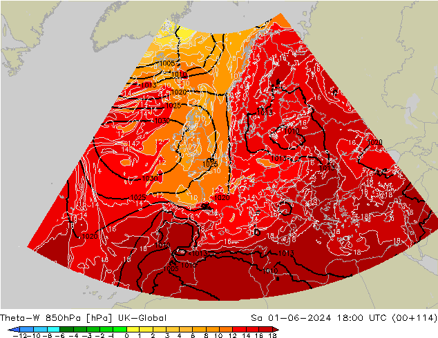 Theta-W 850hPa UK-Global Sa 01.06.2024 18 UTC