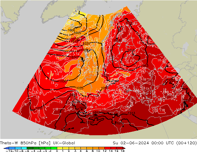 Theta-W 850hPa UK-Global dom 02.06.2024 00 UTC
