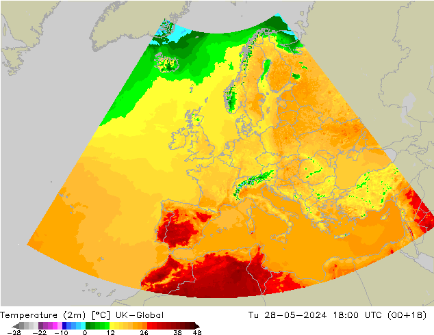 Temperature (2m) UK-Global Tu 28.05.2024 18 UTC