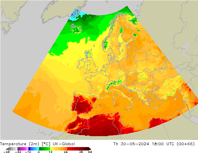 Temperaturkarte (2m) UK-Global Do 30.05.2024 18 UTC