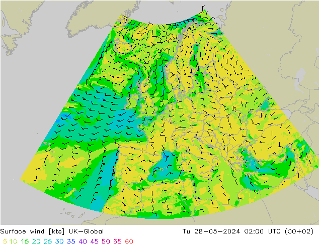 Viento 10 m UK-Global mar 28.05.2024 02 UTC