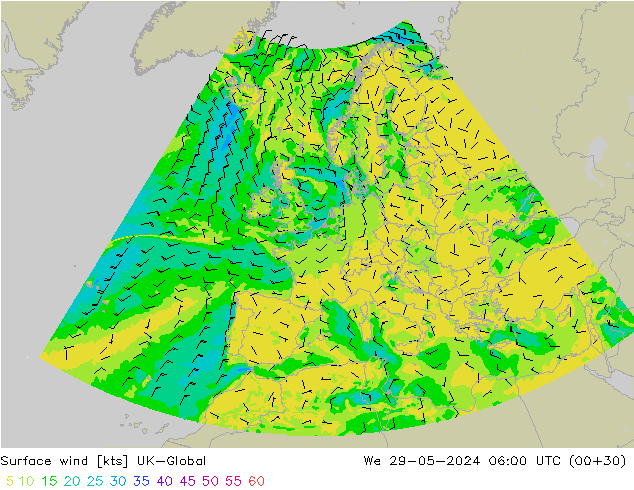 Surface wind UK-Global St 29.05.2024 06 UTC
