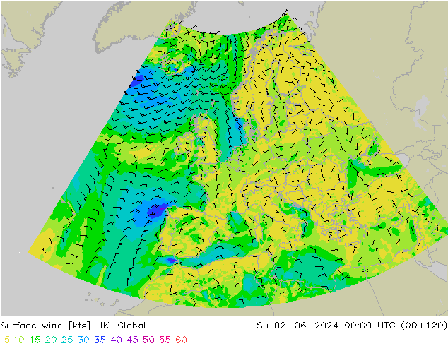 Wind 10 m UK-Global zo 02.06.2024 00 UTC