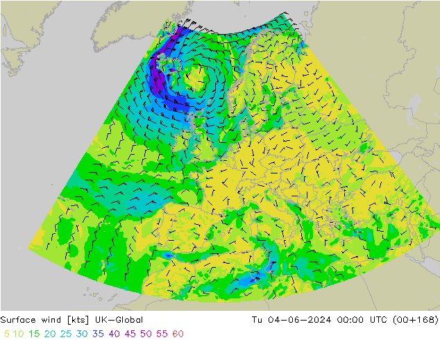 Surface wind UK-Global Tu 04.06.2024 00 UTC