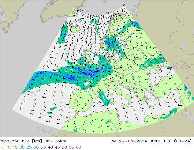 Wind 850 hPa UK-Global We 29.05.2024 00 UTC