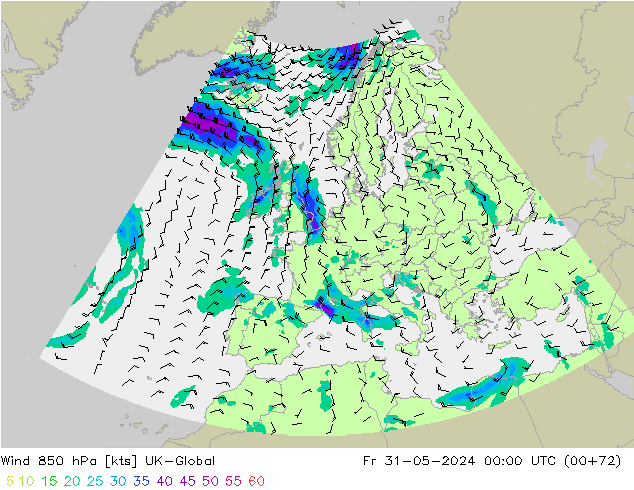 Vento 850 hPa UK-Global ven 31.05.2024 00 UTC