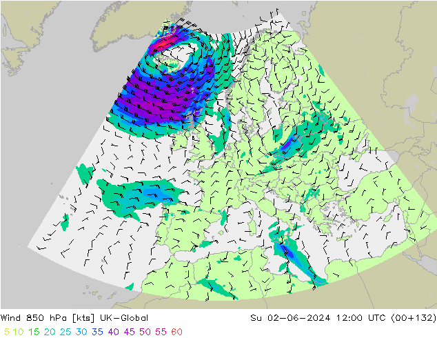 Rüzgar 850 hPa UK-Global Paz 02.06.2024 12 UTC
