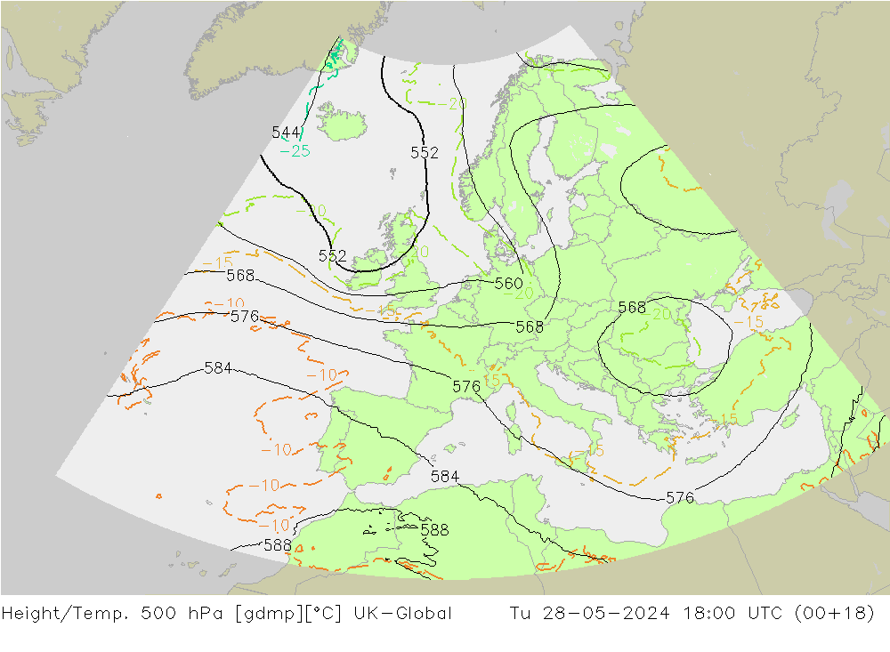 Height/Temp. 500 hPa UK-Global Tu 28.05.2024 18 UTC