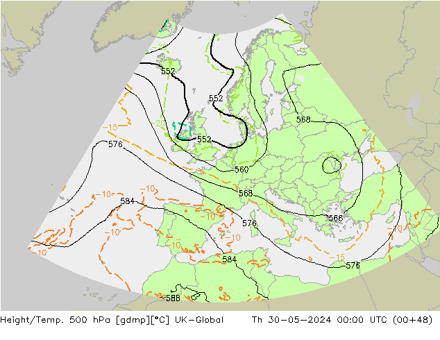 Height/Temp. 500 hPa UK-Global Th 30.05.2024 00 UTC