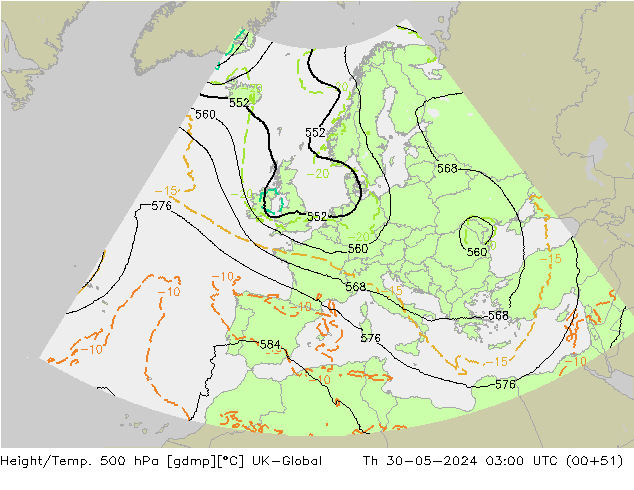 Height/Temp. 500 hPa UK-Global gio 30.05.2024 03 UTC