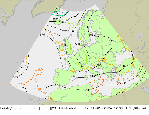 Height/Temp. 500 гПа UK-Global пт 31.05.2024 12 UTC