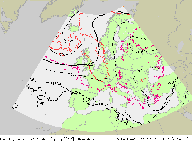 Height/Temp. 700 hPa UK-Global Út 28.05.2024 01 UTC
