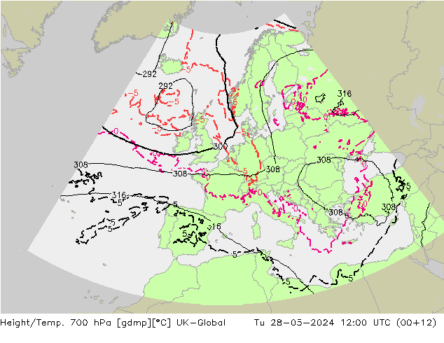 Height/Temp. 700 hPa UK-Global mar 28.05.2024 12 UTC