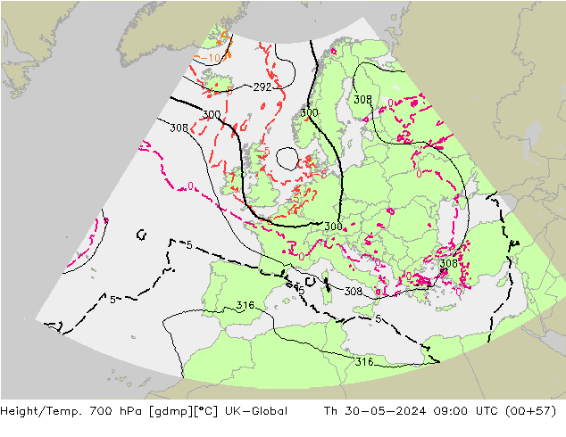 Height/Temp. 700 hPa UK-Global gio 30.05.2024 09 UTC