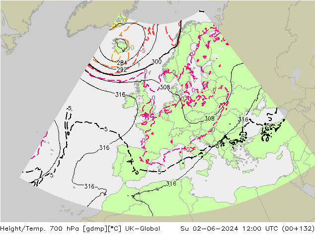 Height/Temp. 700 hPa UK-Global  02.06.2024 12 UTC