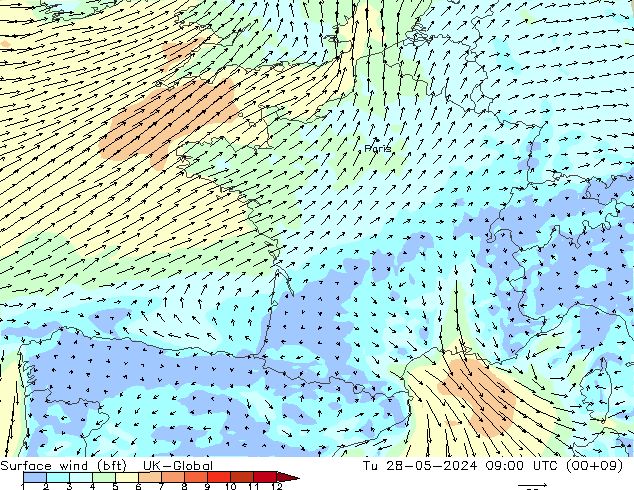 Surface wind (bft) UK-Global Tu 28.05.2024 09 UTC