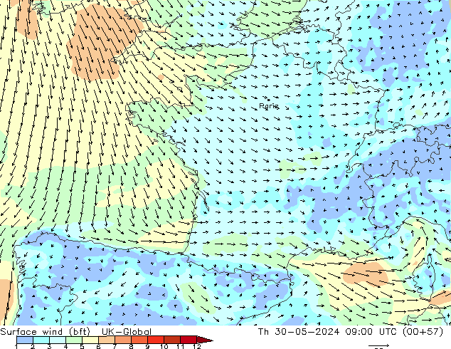 Vento 10 m (bft) UK-Global Qui 30.05.2024 09 UTC