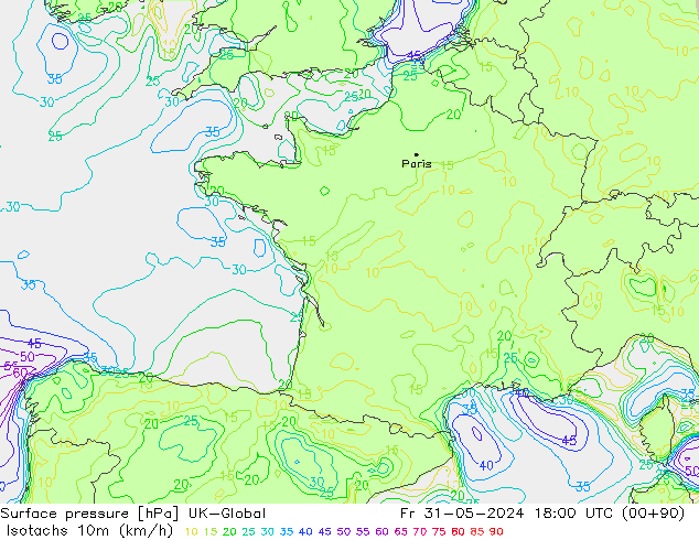 Isotachs (kph) UK-Global  31.05.2024 18 UTC