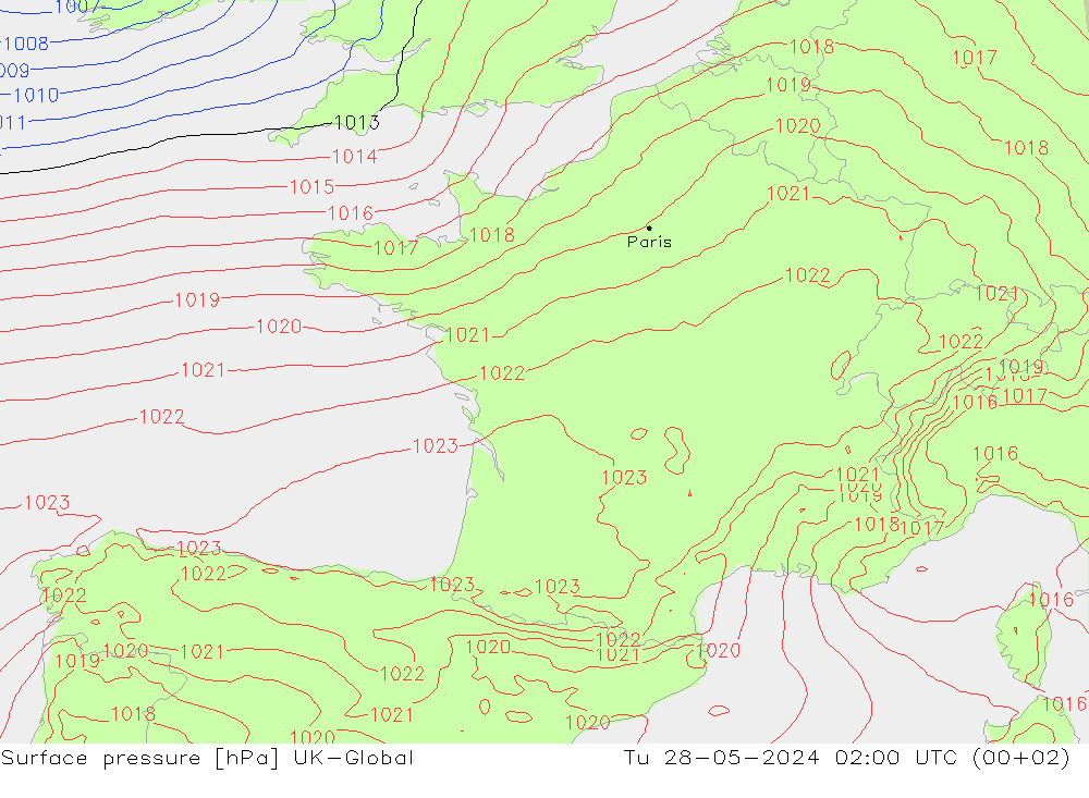 Pressione al suolo UK-Global mar 28.05.2024 02 UTC