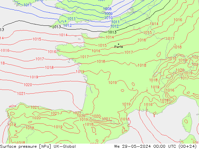 Surface pressure UK-Global We 29.05.2024 00 UTC