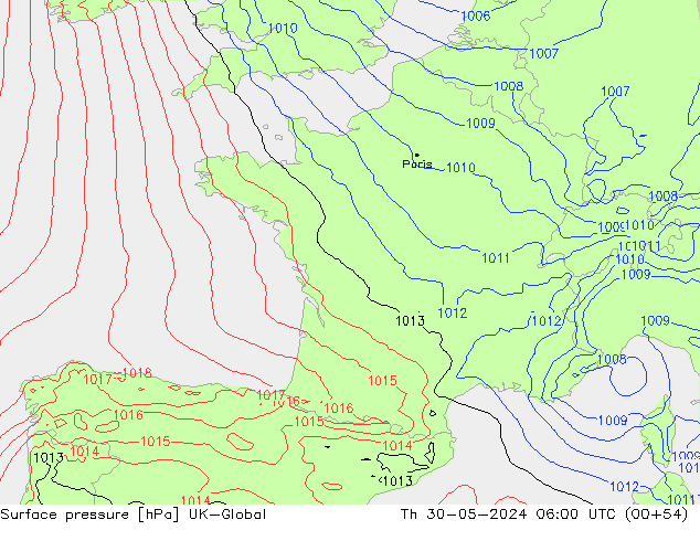 Pressione al suolo UK-Global gio 30.05.2024 06 UTC