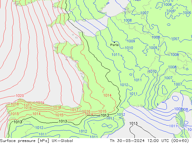 Surface pressure UK-Global Th 30.05.2024 12 UTC