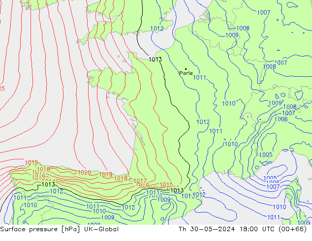 Surface pressure UK-Global Th 30.05.2024 18 UTC