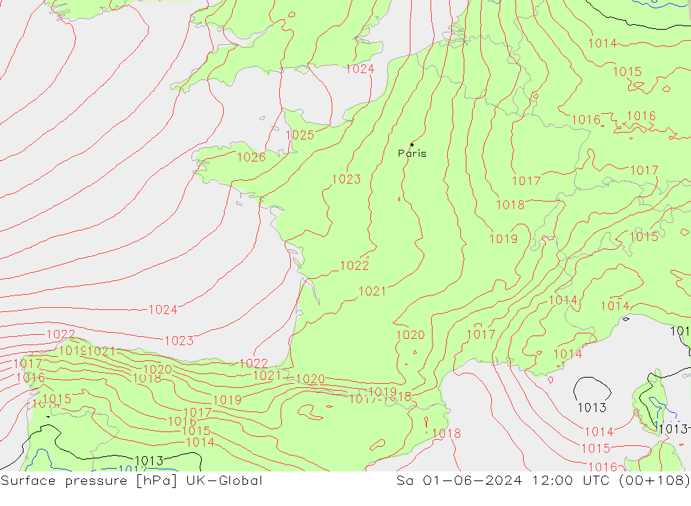 Presión superficial UK-Global sáb 01.06.2024 12 UTC