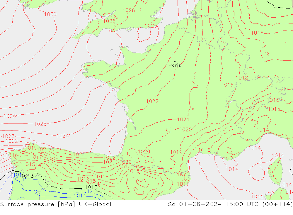 Atmosférický tlak UK-Global So 01.06.2024 18 UTC