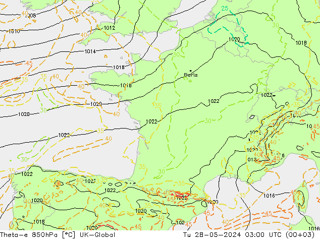 Theta-e 850hPa UK-Global mar 28.05.2024 03 UTC