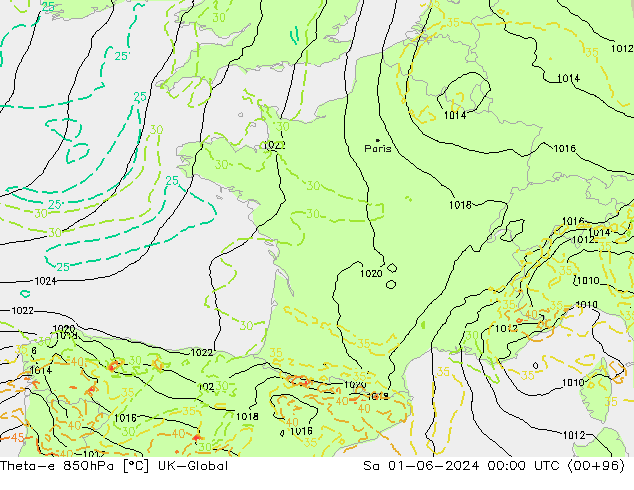 Theta-e 850hPa UK-Global Sa 01.06.2024 00 UTC