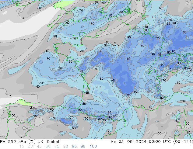 Humedad rel. 850hPa UK-Global lun 03.06.2024 00 UTC