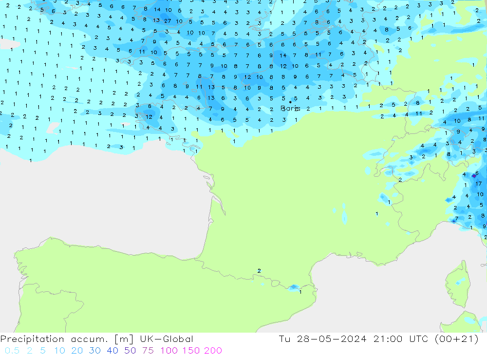 Precipitation accum. UK-Global Tu 28.05.2024 21 UTC