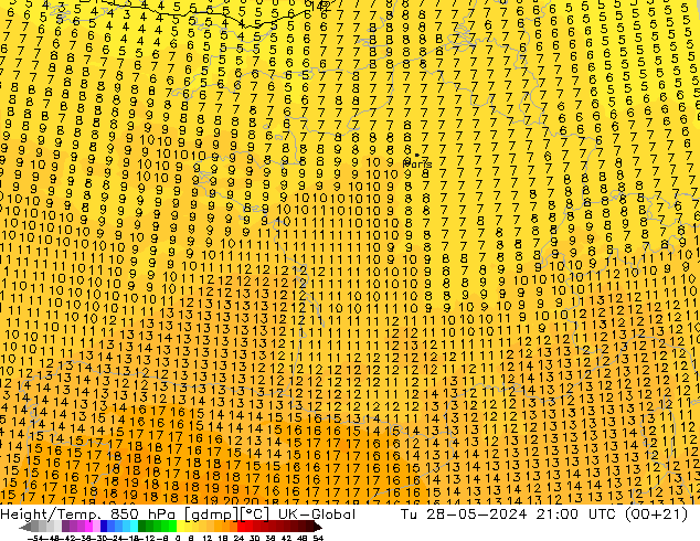 Height/Temp. 850 hPa UK-Global Di 28.05.2024 21 UTC