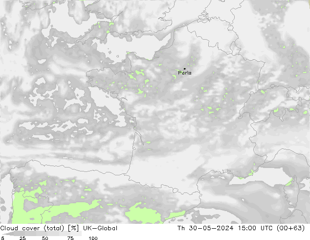 Cloud cover (total) UK-Global Th 30.05.2024 15 UTC