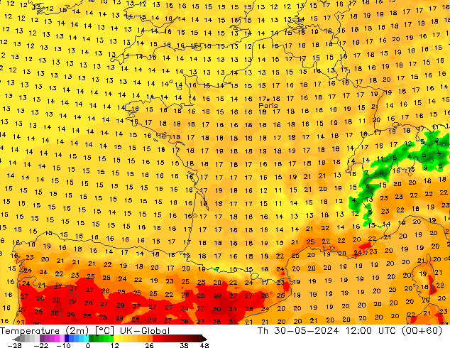 Temperaturkarte (2m) UK-Global Do 30.05.2024 12 UTC