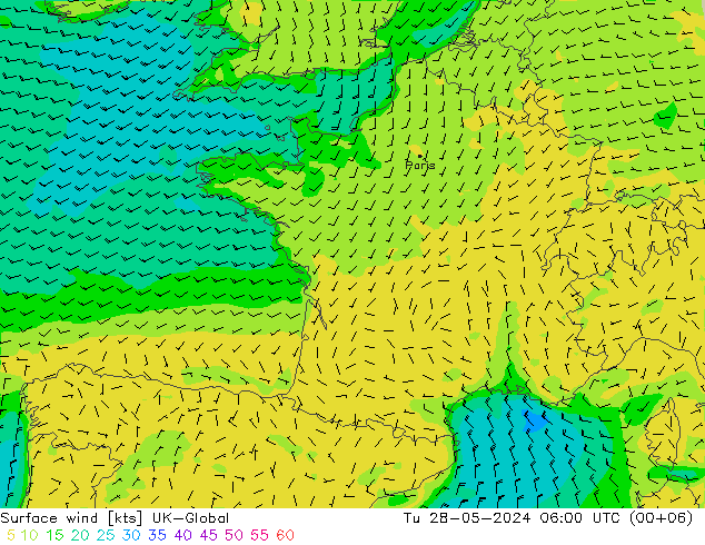 Vento 10 m UK-Global mar 28.05.2024 06 UTC