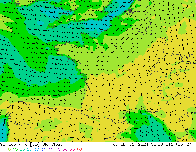 Vent 10 m UK-Global mer 29.05.2024 00 UTC