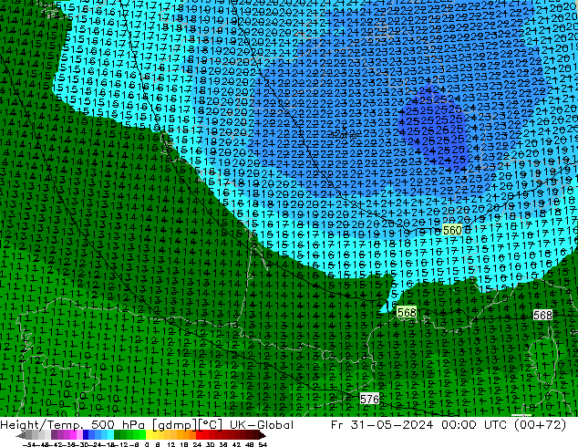 Height/Temp. 500 hPa UK-Global ven 31.05.2024 00 UTC