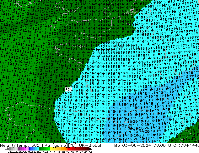 Height/Temp. 500 гПа UK-Global пн 03.06.2024 00 UTC