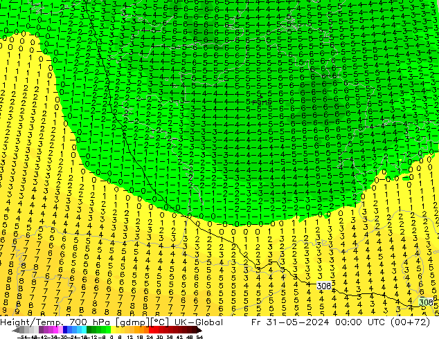 Height/Temp. 700 hPa UK-Global ven 31.05.2024 00 UTC